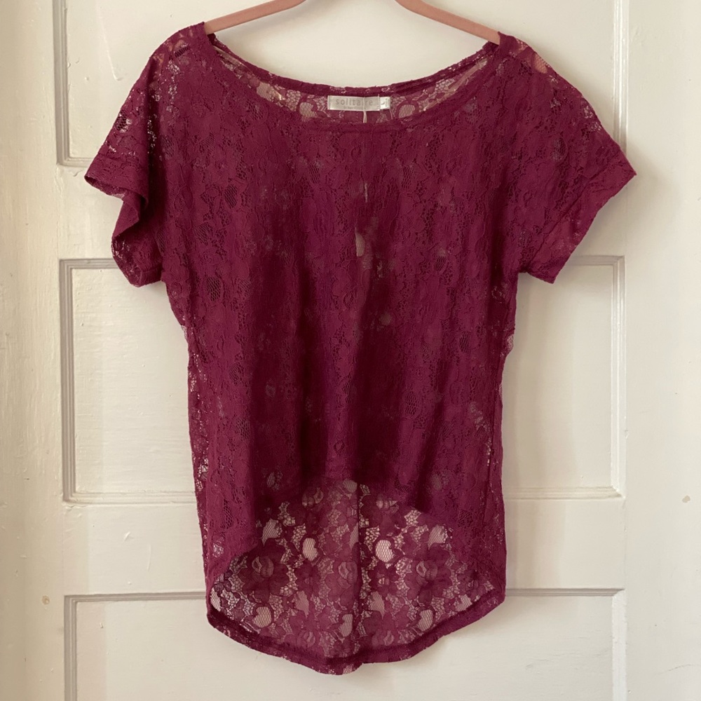 Merlot Full Lace Sheer Top Short Sleeve High Low Seem Size Large NWT